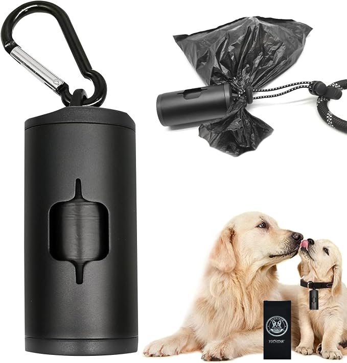 YUCHIYA Aluminum Dog Poop Bags Holder with Carabiner Metal Pet Waste Bags Dispenser with Hook and Loop Fastener and Elastic Cord to Carry Used Bags (Black, 1 Holder 15 Bags)