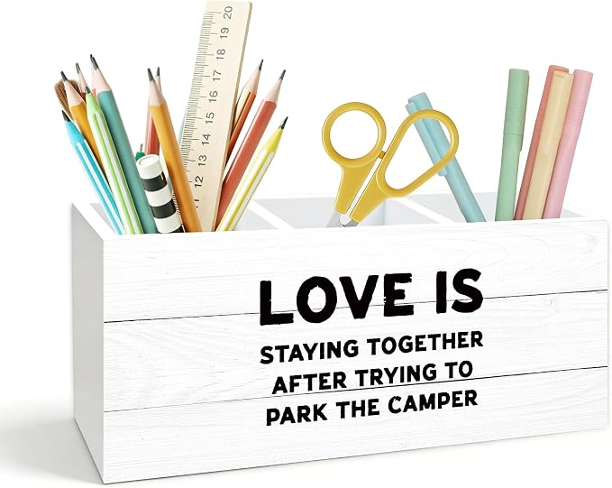 Camping Gifts Pen Holder for Desk, Camping Gifts for Couples, Love is Staying Together Camper Wooden Box Pencil Pen Holder Organizer for Home Office Desk Accessories