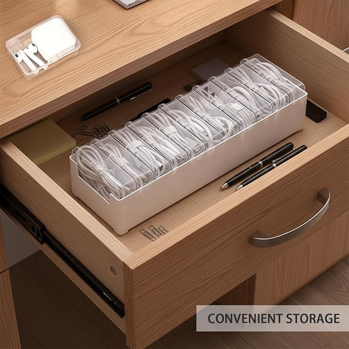 11 Case Cable Storage Box with Cable Straps and Label Stickers, Cord Organizer for Charging Cables, USB Wires, Earphones – Travel Cable Holder for Desk Drawer Organization (11 Cases + 11 Cable Straps)