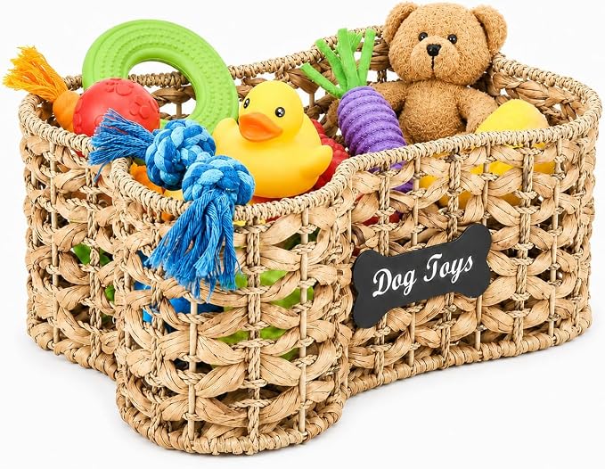 Handmade Wicker Baskets for Dog Toys,Bone Shaped Dogs Toy Bin with Wire Frame,Dog Toy Boxes for Living Room,Farmhouse Pet Stuff Organizer