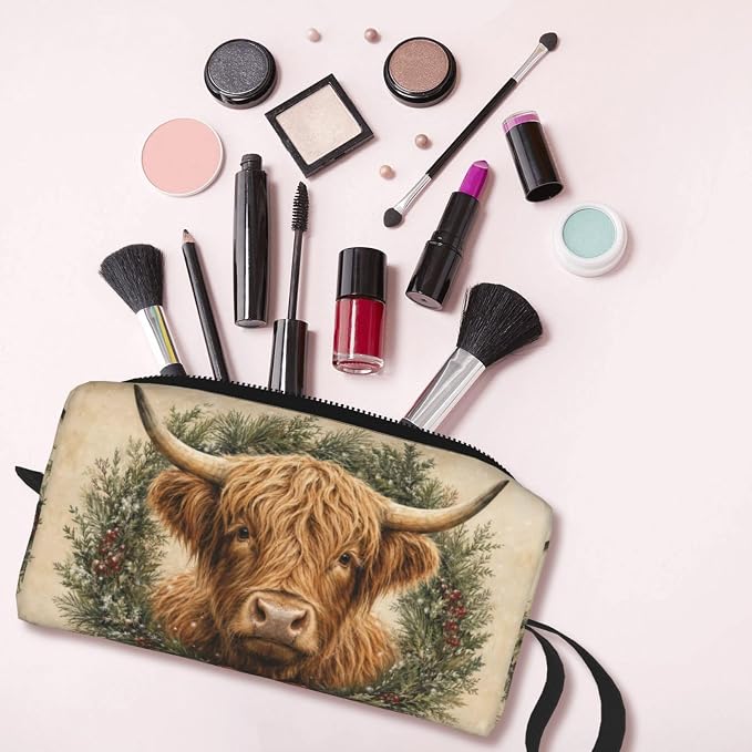 Highland Cow Evergreen Wreath Makeup Bag for Women, Cosmetic Pouch | Double-Sided Highland Cow Wreath Cosmetic Organizer with Foam Padding for Women, Travel, Gym, School, and Daily Storage