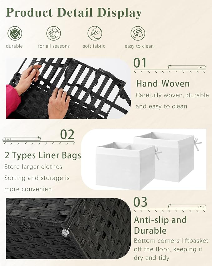 SETVSON Storage Basket with Lid PE Rattan Woven Storage Bins, 65L Black | 65L Storage Bin with 2 Separate Lids, 2 Removable Liner Bags with Divider, Sturdy Metal Frame, Foldable Side Handles