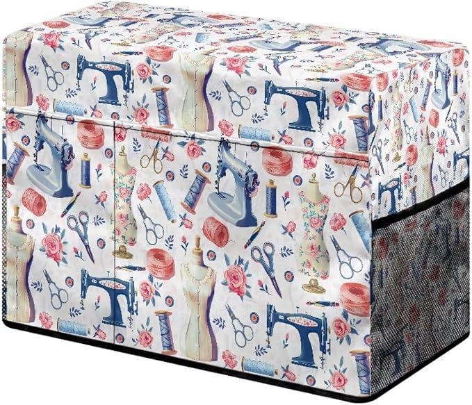 Sewing Themed Sewing Machine Cover with Storage Pockets,Dust & Pet Hair Protection,Fits Standard Singer, Brother and Janome Machines, Protecting & Decorating Your Sewing Space (White)