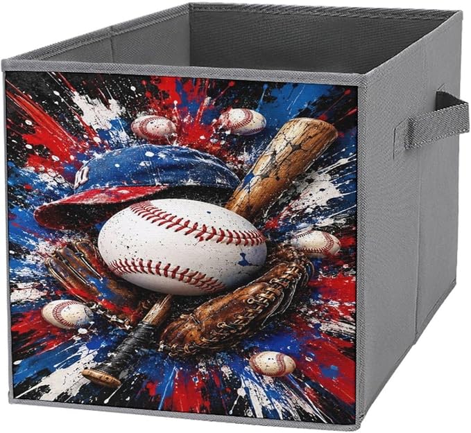 Baseball Bat Ball Glove Hat Storage Bin with Handles, Oxford Fabric Foldable Storage Cube Organizer for Clothes, Towels, Bedroom, Living Room, Home Organization