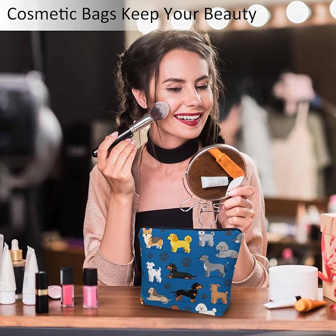 Woman Makeup Bag Dog, Cute Dogs Pet Puppy Blue Makeup Bags Travel Cosmetic Bags Toiletry Makeup Organizer Pencil Pouch Make Up Cosmetic Bag For Owners Lady Birthday Gifts