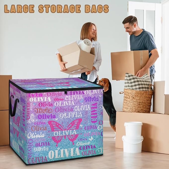 Custom Name Comforter Storage Bin with Lid, Personalized XL Butterfly Storage Basket with Handles Zippers Organizing Blankets, Bedding Closet Shelf Baskets, Pink Blue Glittery Sequins