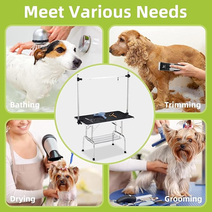 46" Pet Dog Grooming Table, Foldable Stainless Steel Frame Pet Drying Grooming Table Up to 330lbs, Professional Bathing Desk for Dogs at Home with Adjustable Overhead Arms, Noose, Mesh Tray, Black