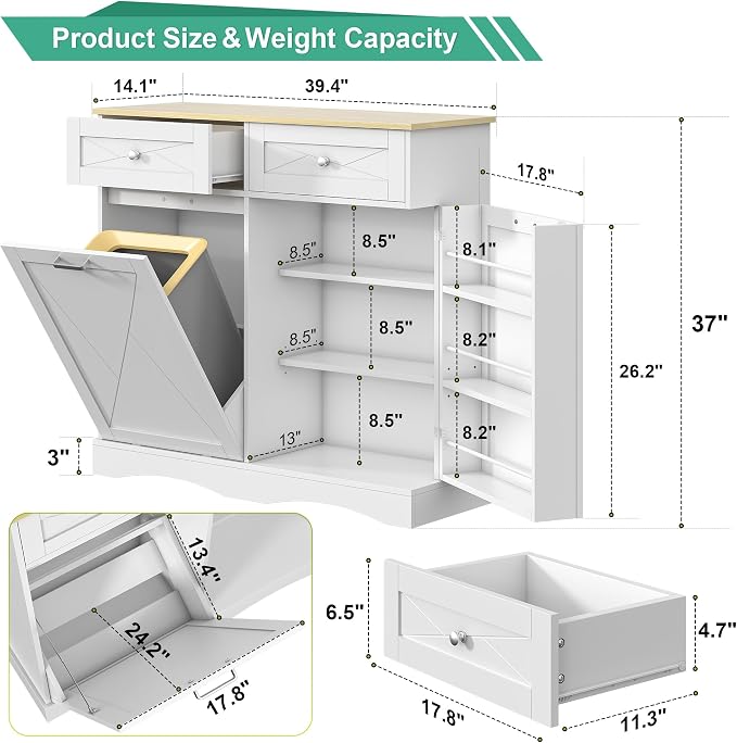 kepptory 37" High Dog Feeding Station with Storage Drawer, Pet Organizers and Storage Adjustable Shelf, Dog Feeder Station, Pet Storage Cabinet for Cats and Dogs (White)
