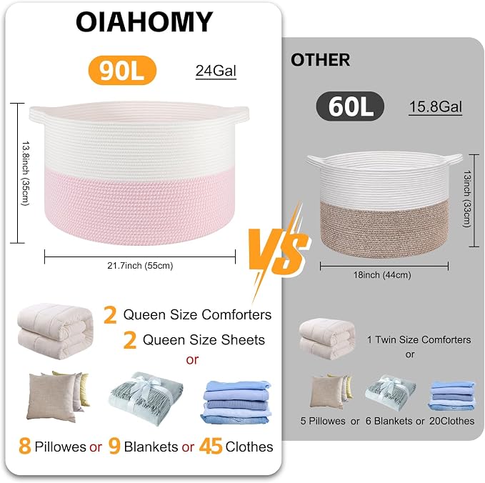 OIAHOMY 90L XXXLarge Blanket Basket for Living Room, 21.7" x 13.8" Woven Cotton Rope Laundry Basket for Organizing Pillows, Decorative Stuffed Animal Toy Storage for Nursery, White and Pink