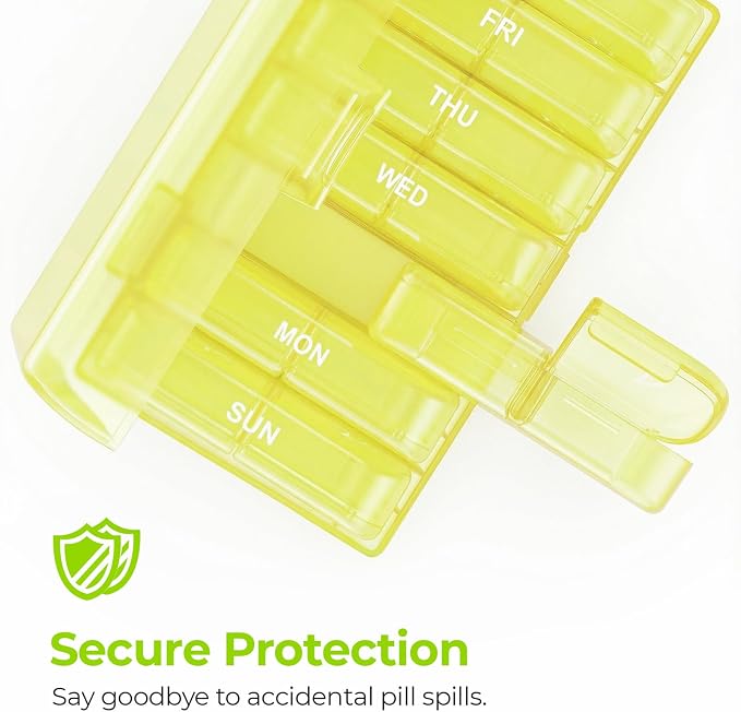 AUVON Weekly Pill Organizer 2 Times a Day, One-Sided Opening, Easy to Use | AM PM Pill Case, XL Pill Box 7 Day, Travel Medication Organizer for Medication, Vitamins, Fish Oils, Supplements, Yellow