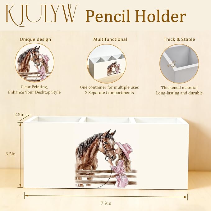 Western Cowgirl Pen Holder for Desk, Horse Gifts for Girls, Farmhouse Cowgirl Horse Wooden Box Pencil Pen Holder Organizer for Home Office Desk Accessories