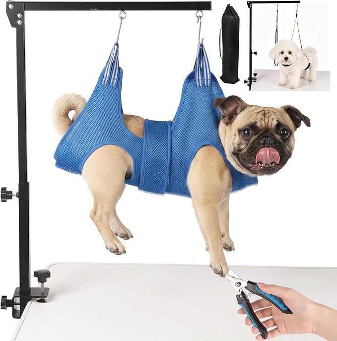 Dog Grooming Arm with Clamp Hammock with Back Buckle , Adjustable Pet Grooming Table for Small Dogs at Home, Heavy Duty Dog Grooming Stand & Sling for Nail Trimming, Groomers Helper Kit, Carrying Case