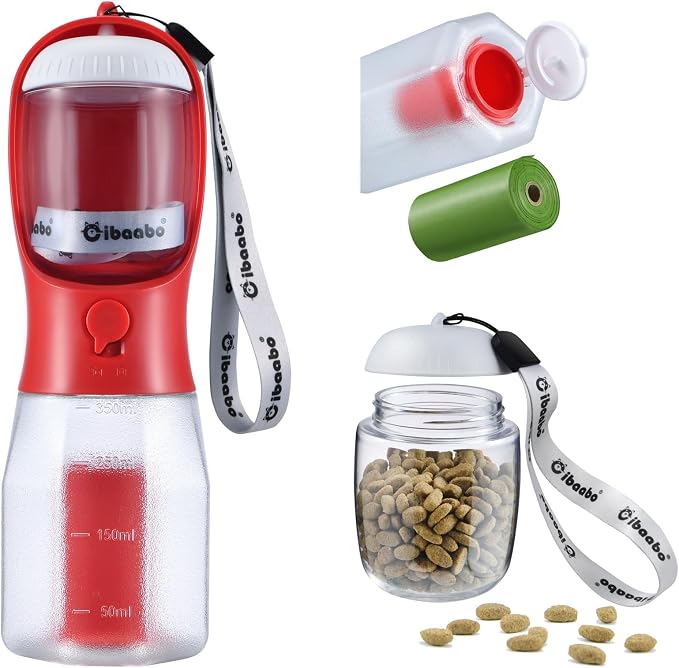 Cibaabo Dog Water Bottle with Food Container & Poop Bag Holder & Filter | Feeding & Hydration & Waste All in One | Travel Puppy Water Bowl | Portable Pet Dispenser | Dog Gifts | for Walking Beach