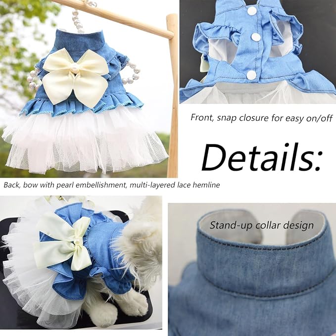 Dog Cat Denim Tutu Dress, Princess Puppy Kitten Outfit with Pearl Bow & Stand-Up Collar, Sleeveless Pet Clothes for Wedding Birthday Party, Easy Front Snap Closure for Chihuahua (White-Denim, Medium)