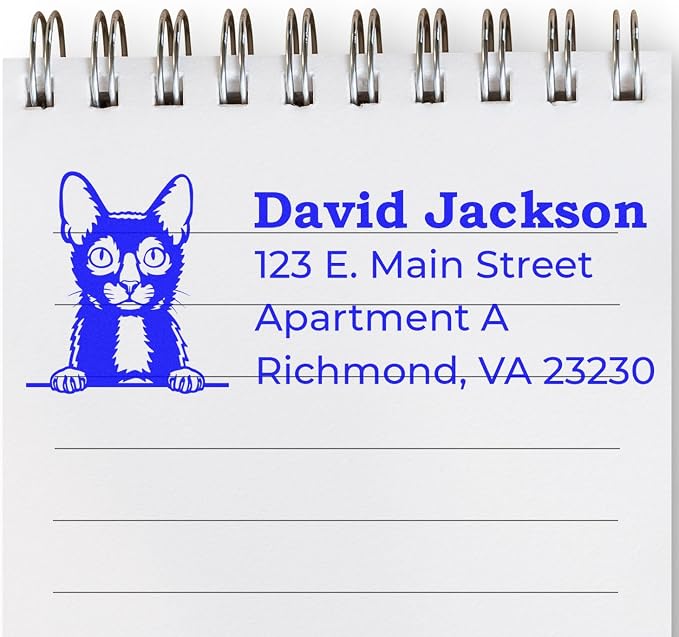 Peeking Lykoi Cat Wood Handle Address Stamp - Custom Rubber Stamp | Rectangular. Personalized Address Stamp for Housewarming Gifts. Lykoi Cat Stationery Stamp. Up to 50 characters per line.