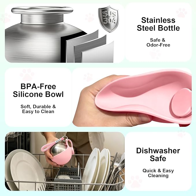 Drain-Back Stainless Steel Portable Dog Water Bottle with Bowl for Walks