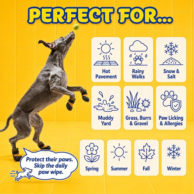 4Pcs Stay-on Dog Booties, Dog Shoes with Soft Upper & Flexible Sole | Waterproof Dog Booties for Hot Pavement, Hiking, Running, and Walking, Snow Shoes for Small, Medium, and Large Dogs, Yellow