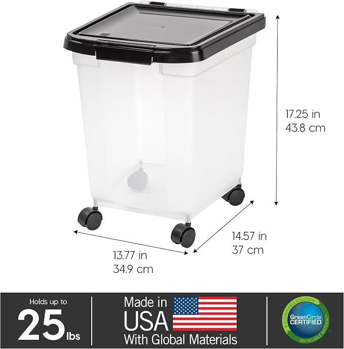 IRIS USA Dog Food Storage Container, Up to 25 lbs, Black, Made in USA | Wheels for Mobility, Airtight Seal, BPA-Free, Best for Bird Seed, Cat food, Cat Litter, Chicken Feed, Pellets