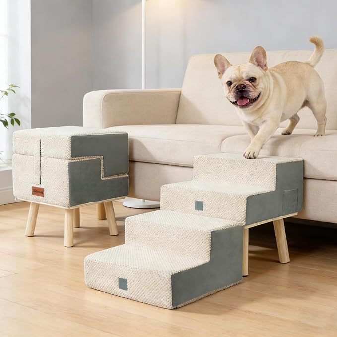 4-Step Ottoman Dog Stairs,2-in-1 Foldable Dog Ramp for Bed | for Small Dogs and Cats, High-Density Foam & Wood Support, Side Storage Pocket, Foldable, 170 lbs, Machine Washable, Grey