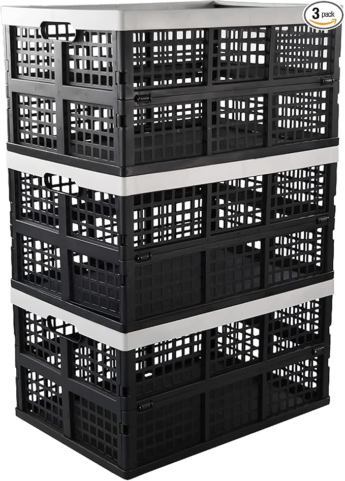 3-Pack Plastic Crates, 42L Foldable Baskets, Collapsible Crates | Stackable Storage Container, Baskets and Bins for Organizing Tools, Books, Food, Drinks, Camping, Shopping & Transport