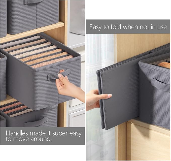 4Pcs Large Wardrobe Clothes Organizer, 6/9 Grids Foldable Jeans Closet Drawer Organizer Storage Box with Handles for Pants, T-shirts, Sweater, Scarves, Bras (17.3"x11.8"x7.9")