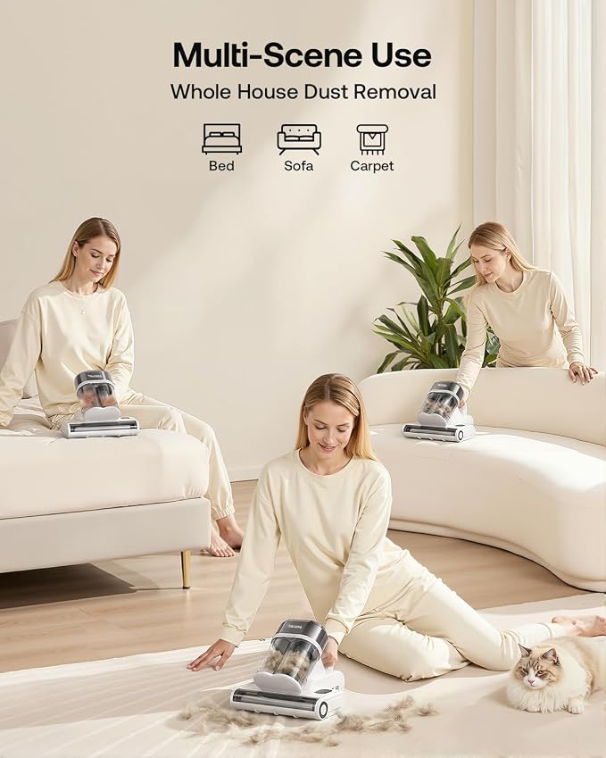 Trucozie Mattress Vacuum Cleaner with 275nm UV-C Light & 149℉ Heat, 16Kpa Powerful Suction Bed Vacuum for Pet Hair & Dander, Smart Dust Sensor, Anion & Aromatherapy, Corded for Bed, Sofa, Couch, White