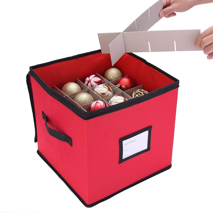 Sattiyrch Christmas Ornament Storage Box,600D Oxford Fabric Stores up-to 64 Standard Holiday Ornaments Holder,12 x 12 Inch 4 Layer Xmas Storage Containers,Red