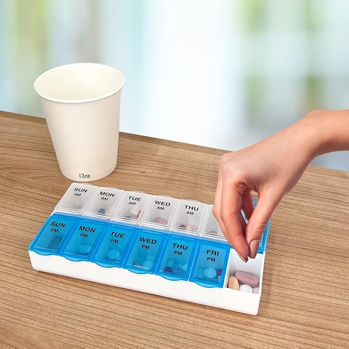 Amazon Basic Care 7-Day AM/PM Pill Organizer, Medication Planner with Large Compartments for Tablets, Blue and Clear Lids