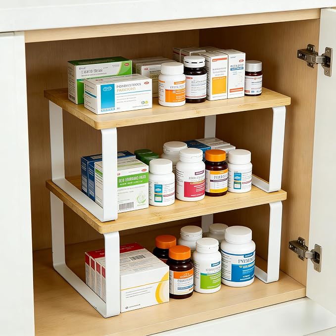 2 Pack Medicine Cabinet Organizer, Expandable and Stackable Medicine Bottle Organizer Shelf, Pill Bottle Organizer for Cabinet and Countertops, Rack for Medicines and Vitamins, Made of Metal & Wood