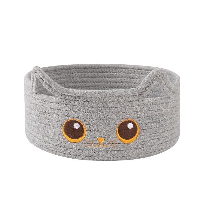 Small Cotton Rope Storage Basket,Round Cat Toy Basket for Living Room, Gray | Cute Decorative Dog Toy Basket, Toy Bin for Baby, Pet, Gift Basket for Halloween, Baby Shower , 11"×11"×4.7"