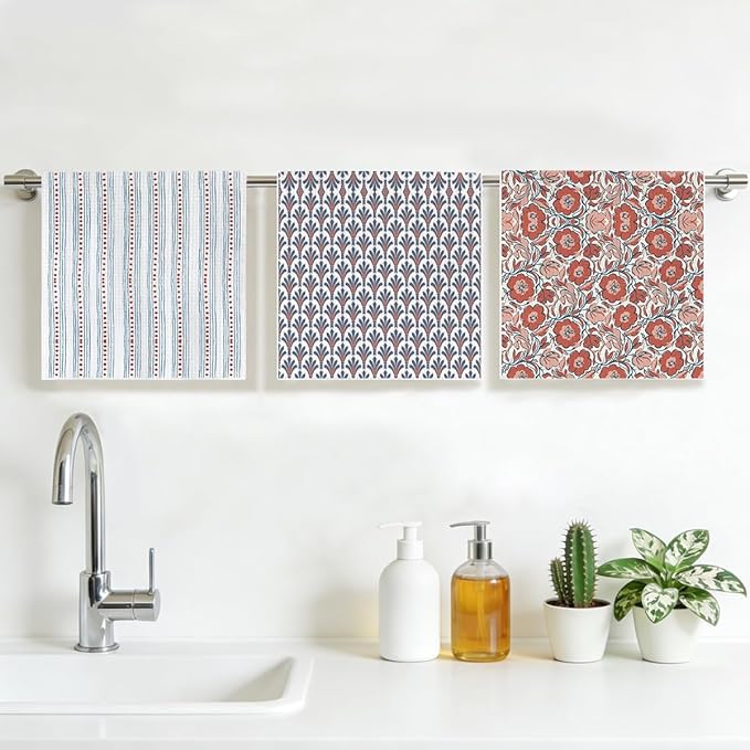 3 Pcs Retro Flower Kitchen Towels, Colorful Flower Soft Absorbent Hand Tea Towel, Microfiber Dish Cloths for Drying Dishes, Waffle Dish Towels for Kitchen Farmhouse Decor, Floral Gifts for Women Mom03
