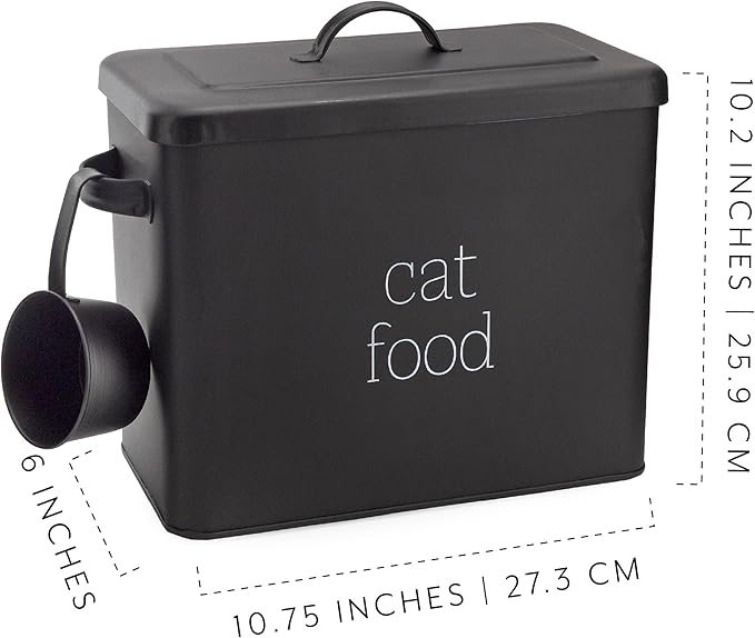 AuldHome Design Farmhouse Cat Food Container (Black) Enamel Look Rustic Cat Food Bin with Scoop