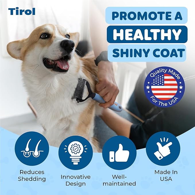 TIROL Dematting Comb for Dogs, Pet Grooming Rake, Double-Sided Dog Brush for Shedding, Undercoat Mat Dematting Tool for Long Haired Cats, Deshedding Brush for Cats, Cat Comb for Grooming Matting Hair