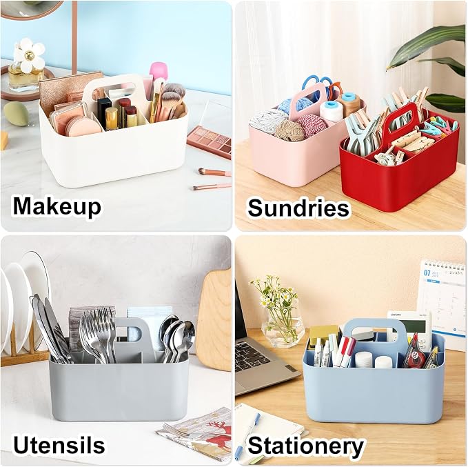 Multiuse Caddy Organizer with Handle, Portable Divided Plastic Tote Bin - Art Craft, Stationary Pen Marker Crayons, Makeup Hair Supplies Storage - Bathroom, Classroom, Dorm, Office, Desk Holder - Red