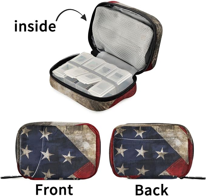 American Flag Star Pill Case, Portable Weekly Pill Box Bag Container 7 Days Pill Organizer Vitamin Supplement Holder with Zipper for Travel Family Business