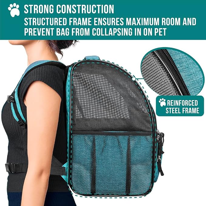 PetAmi Dog Backpack Carrier Airline Approved Cat Pet Puppy Bag, Turquoise | Ideal for Small Medium Large Pet up to 18 lb, 2 Side Entry Structured No-Collapse Frame, Ventilated Bookbag for Hiking Travel
