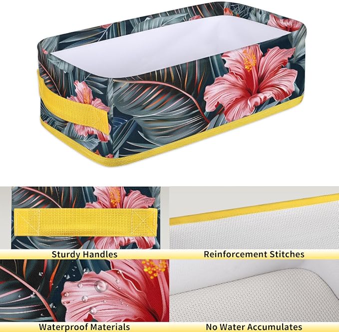 Beautiful Tropical Flowers Bathroom Storage Basket, Foldable with Handle Open Countertop Paper Towel Decorative Box, Toilet Tank Top Shelf Baskets for Home Closet Bedroom Living Room Office