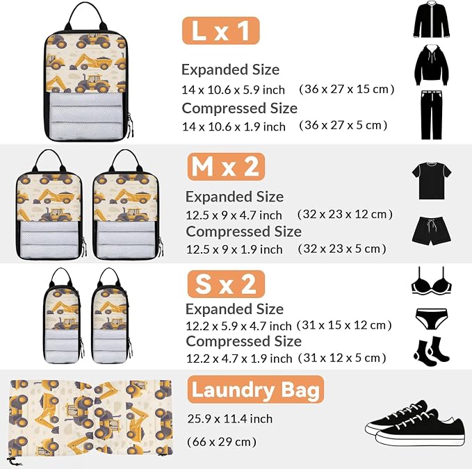 Construction Trucks Compression Packing Cubes Yellow 6 Set Travel Packing Cubes for Suitcases Lightweight Expandable Organizers