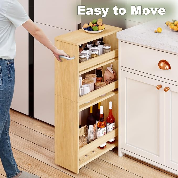 MARTY Slim Rolling Storage Cart, Wood Utility Kitchen Bathroom Laundry Cart | 4 Tier Kitchen Cart with Wheels Handle, Laundry Room Organization Between Washer and Dryer, Narrow Storage Cabinet, 8” Wide
