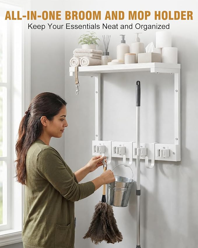Supforce Small Broom Holder Wall Mount with Shelf, 4 Slots 3 Hooks | White, 2-In-1 Wall Mount Stores Brooms/Mops, Cleaning Supplies With 4 Grippers/3 Hooks And A Sturdy Wooden Top Shelf