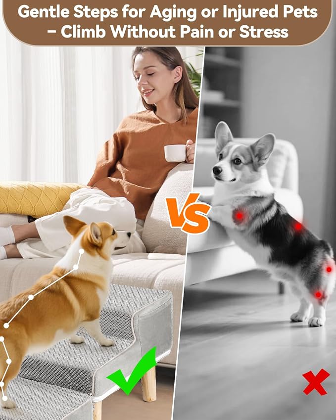 Dog Ramp Ottoman, 2-in-1 Dog Stairs for Couch and Low Bed, Foldable Solid Wood Pet Steps for Small, Medium, Senior Dogs & Old Cats - Couch Height, Washable Cover, Storage Pocket, 135lb Capacity