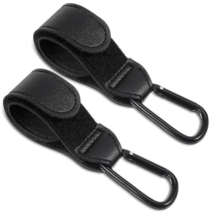 Xindojuz 2 PCS Stroller Hooks for Bags, Multipurpose Stroller Straps with Large Carabiner Clip for Hanging Diaper Bag and Strollers Organizer Accessories for Wheelchair, Shopping and Pet Carts (Black)