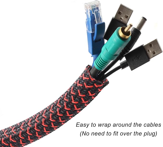 Cable Management Sleeve, Split Design, 10FT - 1/2 Inch, Black/Red | Cord Protectors from Pets | Heat & Abrasion Resistant Wire Loom | Automotive Wiring & Home Office Cable Organization