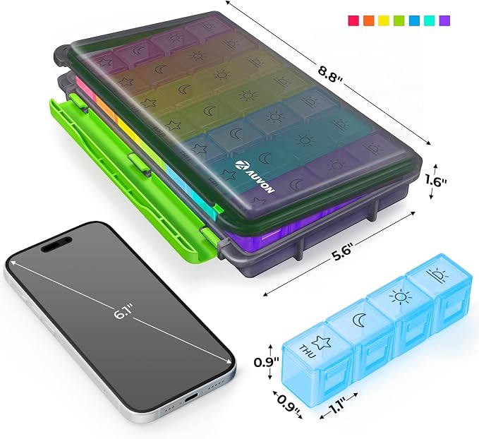 AUVON Large Moisture-Proof Weekly Pill Organizer 4 Times a Day, BPA-Free | 7 Day Pill Box Case with Portable Design for Travel, Removable Individual Containers Hold Vitamins, Supplements, Medications