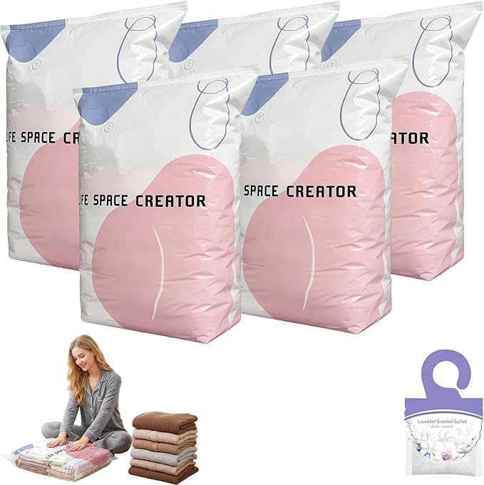 Large Capacity Vacuum Bags No Pump Needed, No Pump Large Vacuum Storage Compression Bags, Reusable No-Pump 3D Vacuum Storage Bags for Jumbo Clothes Bedding, Comforters, Off‑Season Gear (L-5PC)