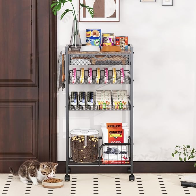 Cat Food Organizer，One-Stop Canned Food and Cat Bed Storage Mobile Rack | Automatic Slip Design,Manually Adjust The Gap Size，Store Suitable Can Sizes，Used For Jar Food & Pet Supplies Assign Rack