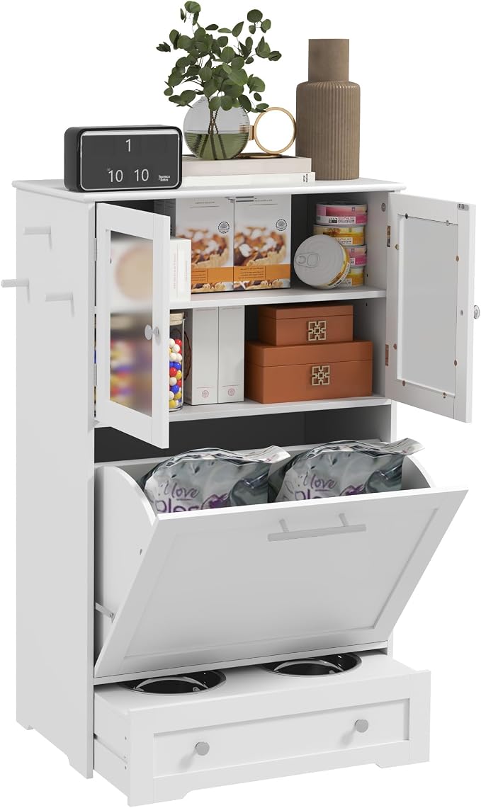 PawHut Dog Feeding Station, 2 Storage Cabinets, Elevated Dog Bowls, White | Side Hooks, Anti-tip Kit, Hidden Pet Feeder Station for Feeding & Watering