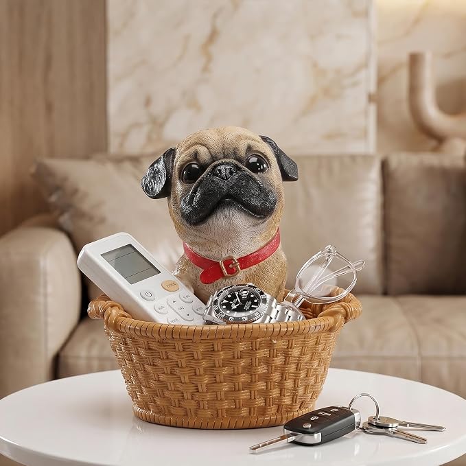 Cute Pug Candy Bowl, Resin Dog Figurine Key Bowl for Entryway Table, Desktop Storage Basket Organizer for Desk, Unique Dog Lover Gift