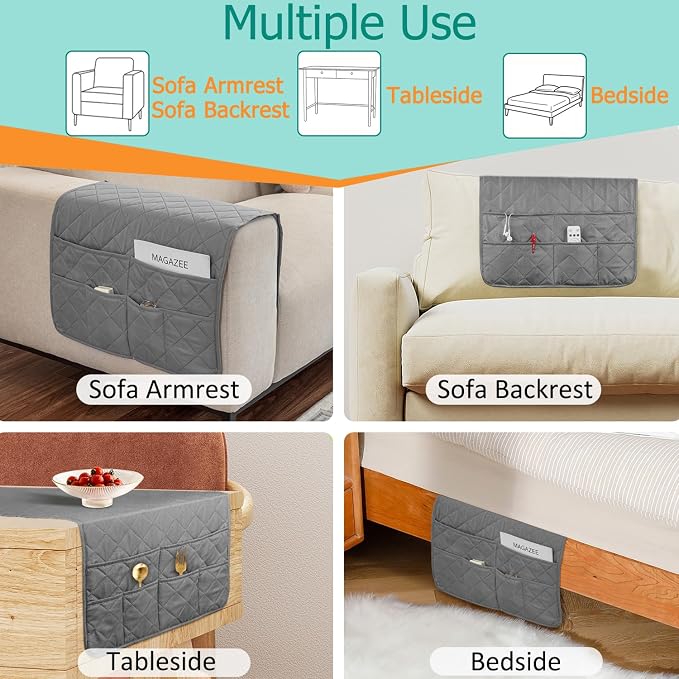 Remote Control Holder for Recliner Non-Slip Armchair Caddy Couch Armrest Organizer, Arm Chair Bedside Caddy Storage Organizer for Recliner Couch With 6 Pockets for Magazine, Tablet, Phone, iPad (Grey)