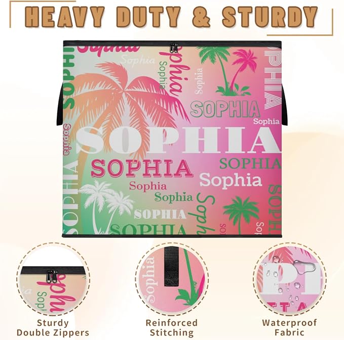 Custom Name Large Storage Bin with Lid, Personalized Storage Basket with Zippers Comforters, Blankets, Bedding Closet Shelf Baskets, Green Pink Tropical Palm Trees Gradient Pink Green Background